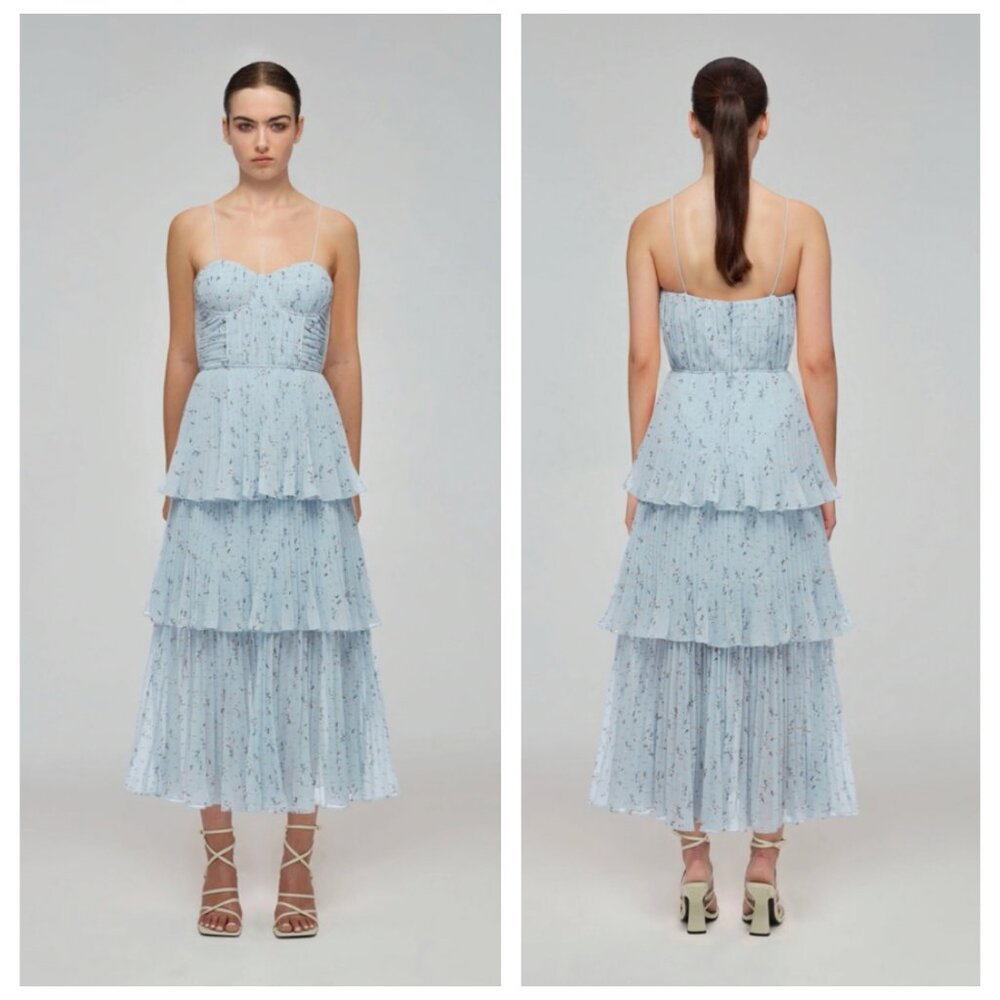 Self-Portrait Pale Blue Tiered Midi Dress